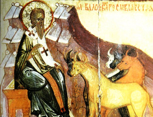 Священномученик Власий, епископ Севастийский, сидящий на скале в окружении животных.