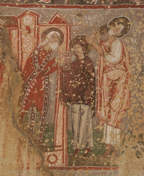Сцена испытания Марии и Иосифа «горькой водой», настенная фреска, церковь св. Никифора в селении Чавушин (Каппадокия). 963 – 969 гг.