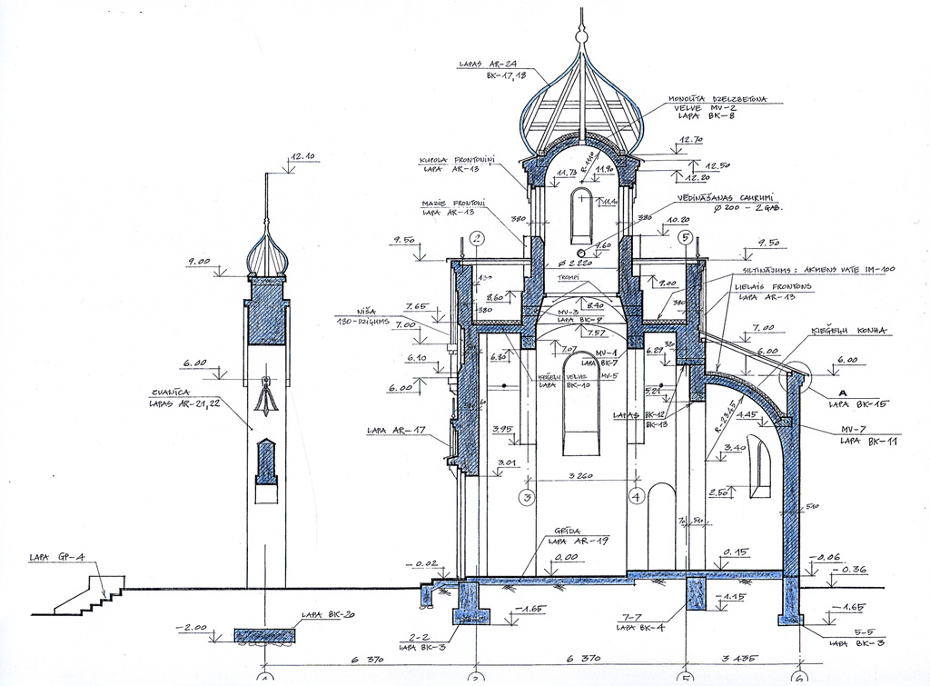 Православная архитектура   Храм-часовня в Даугавпилсе (иллюстрации к статье) | Продольный разрез