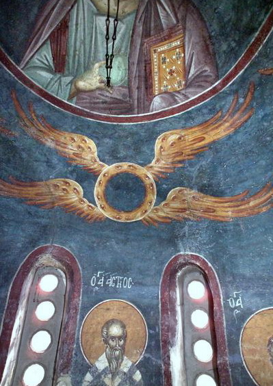 «Огненные боговидные колёса» на фреске в церкви Успения Богородицы в монастыре Грачаница